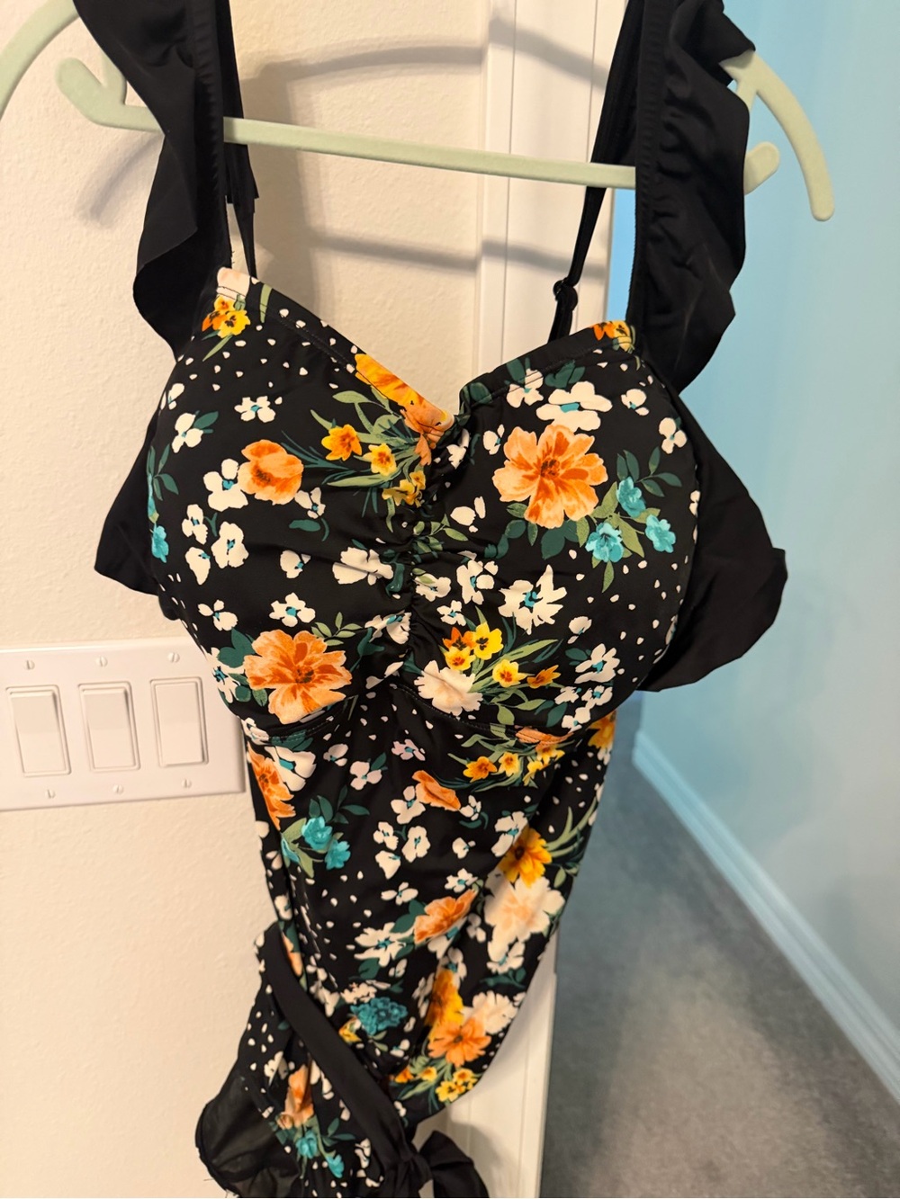 Torrid Black Floral One-Piece Swimsuit with Orange & Teal Blooms